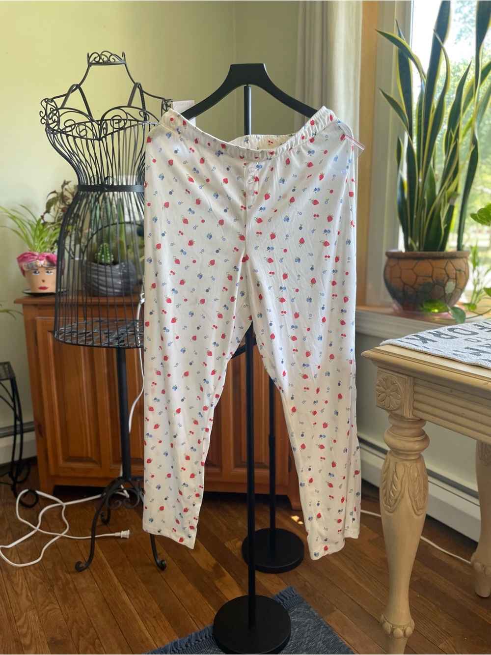 Indigo White Sleep Pants with Red Strawberries & Blue Blossoms